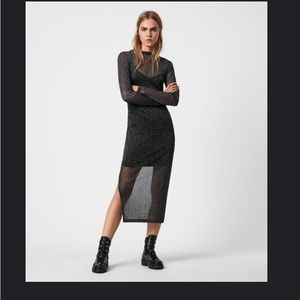 AllSaints Francesco Metallic Black Midi Dress